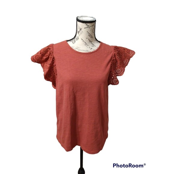 J crew eyelet Flutter sleeve top Paprika md Paprika Boho Feminine Cottage Core - Picture 2 of 6